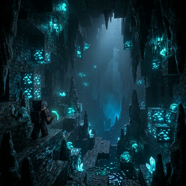 Mina de Minecraft con diamantes azules iluminados en Deepslate